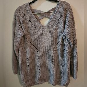 Pink Rose Grey Medium Oversized  V-Neck Sweater Winter Warm Cozy Knit